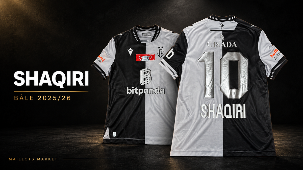 Maillot FC Bâle Third 2025/26 : face avant avec patch Coupe suisse et dos Shaqiri numéro 10.
