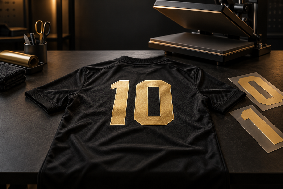 Illustration eines schwarzen Fussballtrikots mit goldener Nummer 10 vor einer Transferpresse