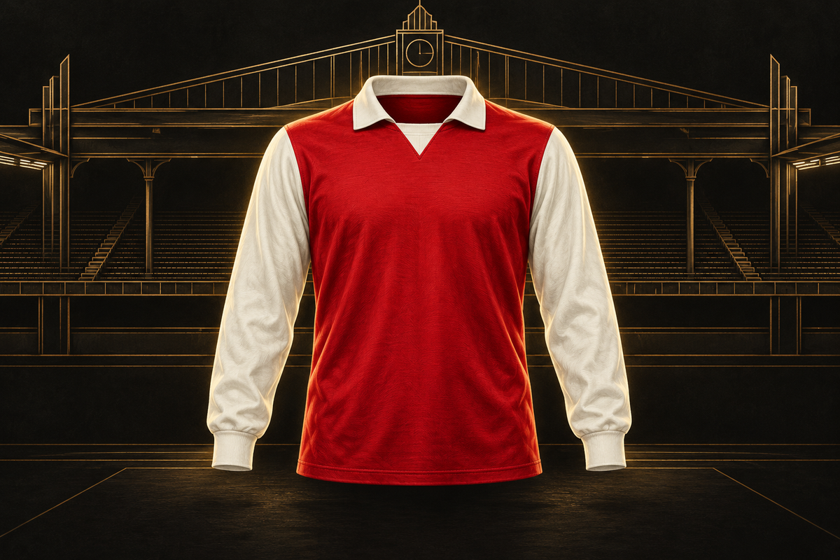 Editorial illustration of a red jersey with white sleeves in front of a stylised black and gold football stand