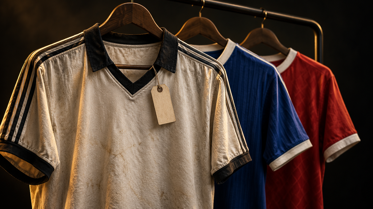 Drei Fussballtrikots aus verschiedenen Epochen an einer dunklen Kleiderstange als Motiv für einen Secondhand-Kaufratgeber