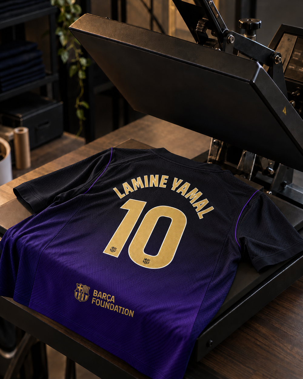 Atelier Flocage — KI-generierte Illustration einer Transferpresse und eines Fussballtrikots mit Lamine Yamal 10. Trikot nicht inbegriffen.